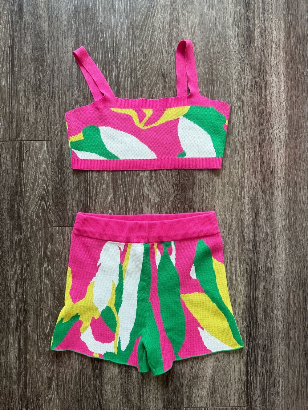 Peppermayo Pink, Green, Yellow & White Tropical Knit Crop Top and Shorts Set